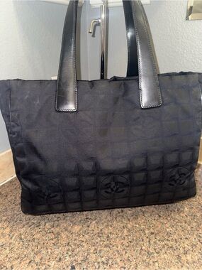 CHANEL Black Quilted Nylon Tote with Leather Straps EUC